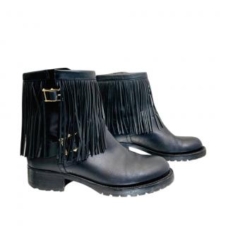 Valentino Black Leather Fringed Ankle Boots