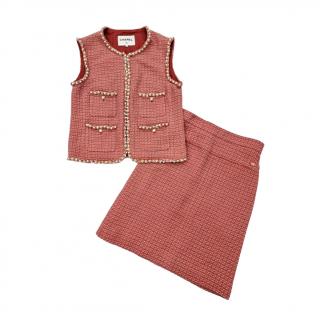 Chanel Pearl Embellished Coral Sleeveless Jacket & Skirt