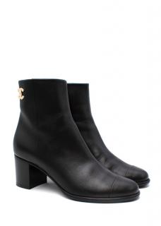 Chanel Black Leather Gold-Tone CC Logo Heeled Ankle Boots