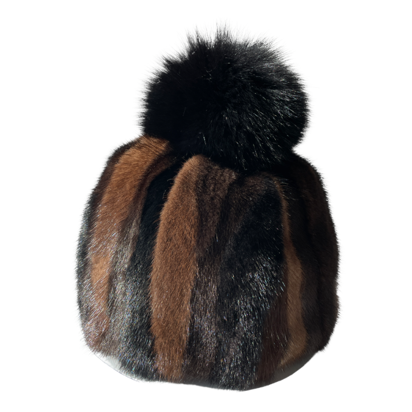 FurbySD Brown & Mahogany Striped Mink Pom-Pom Hat