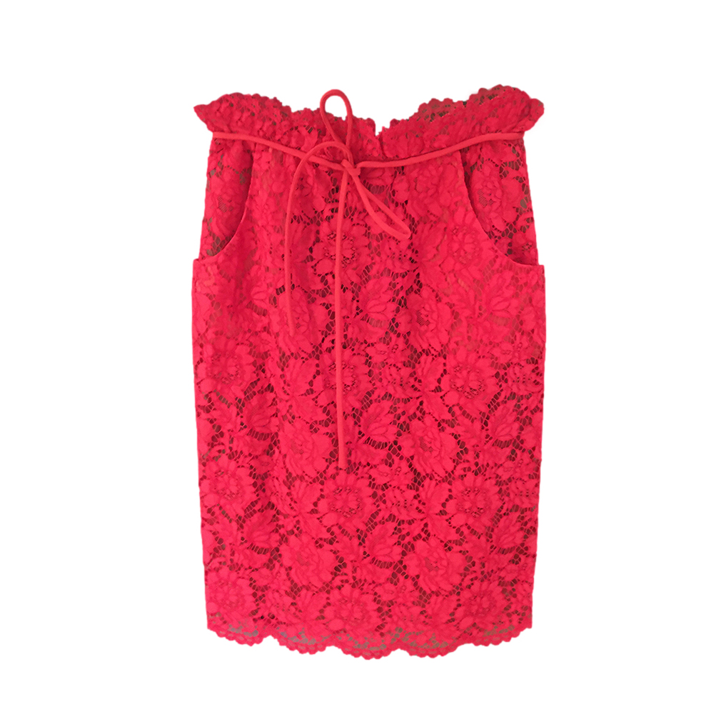 Valentino Red Guippure Lace Skirt with Gathered Waistband