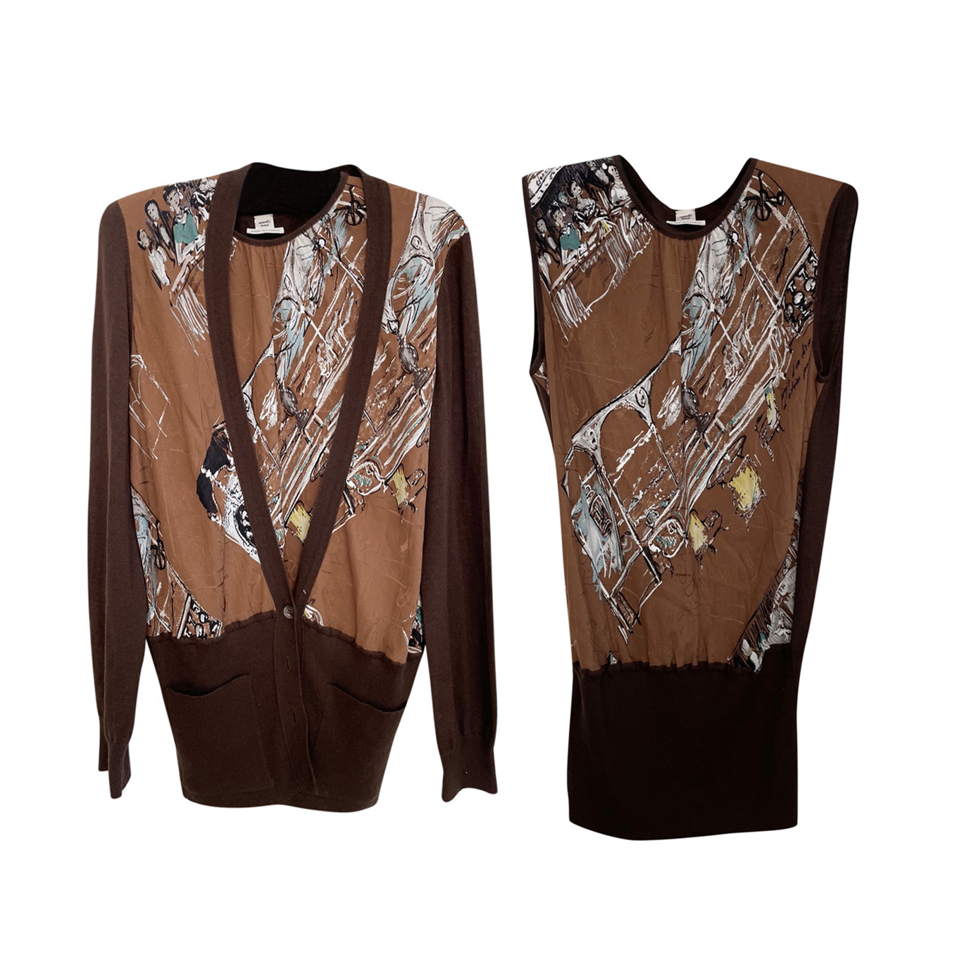Hermes Chocolate Brown Printed Silk & Cashmere Twin-Set
