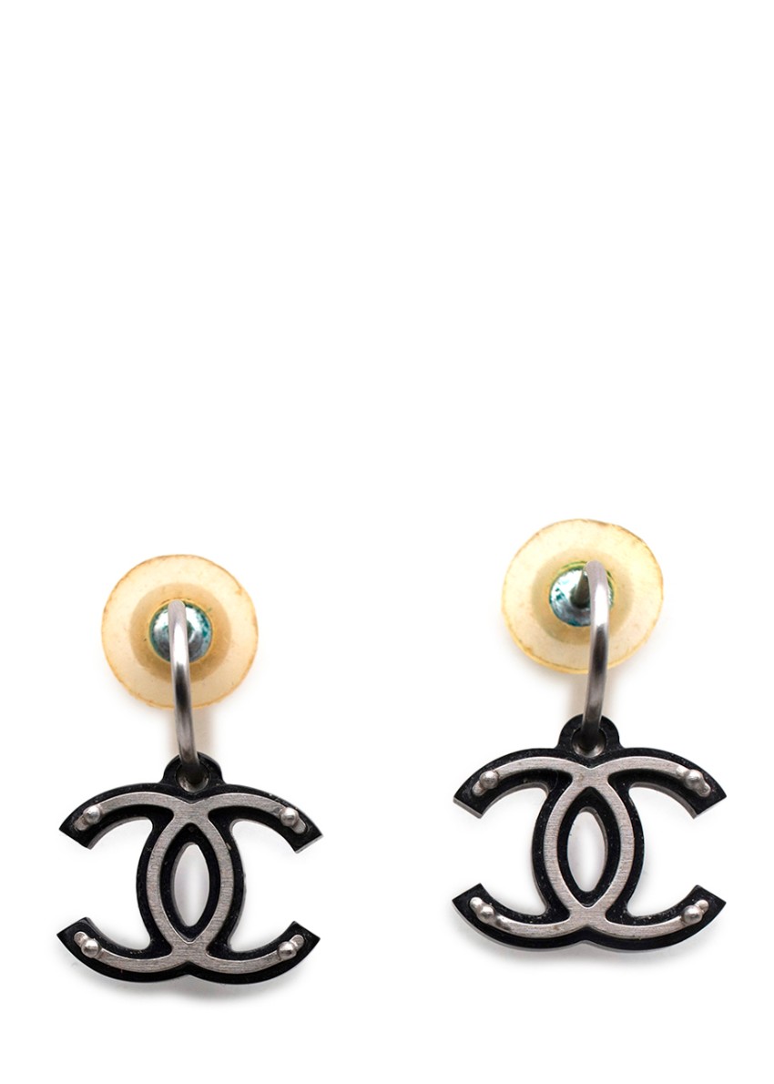 Chanel Vintage Silver & Black Interlocking CC Drop Earrings
