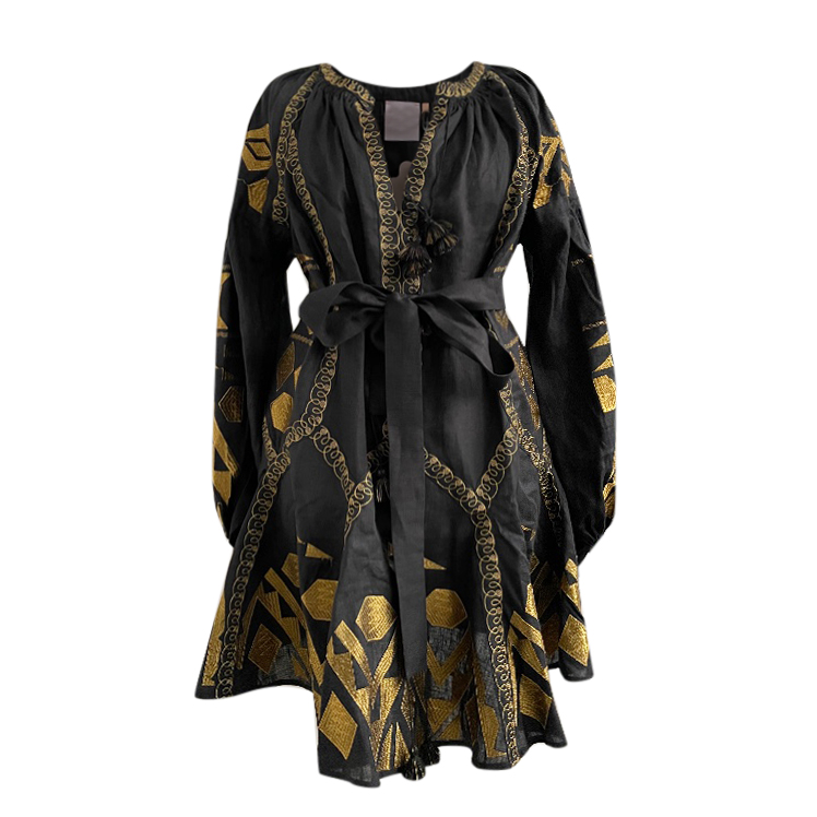 March 11 Black Linen Gold Embroidered Dress