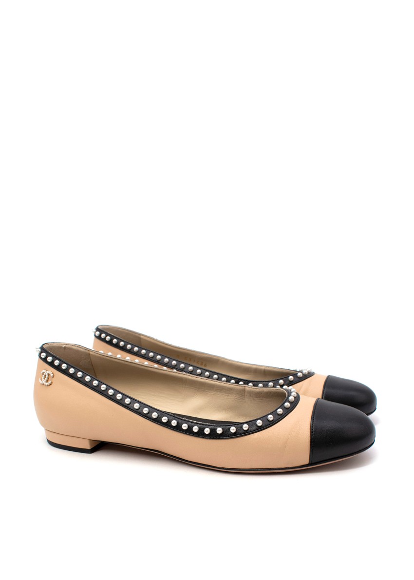 Chanel Nude & Black Faux-Pearl Trimmed Ballerinas