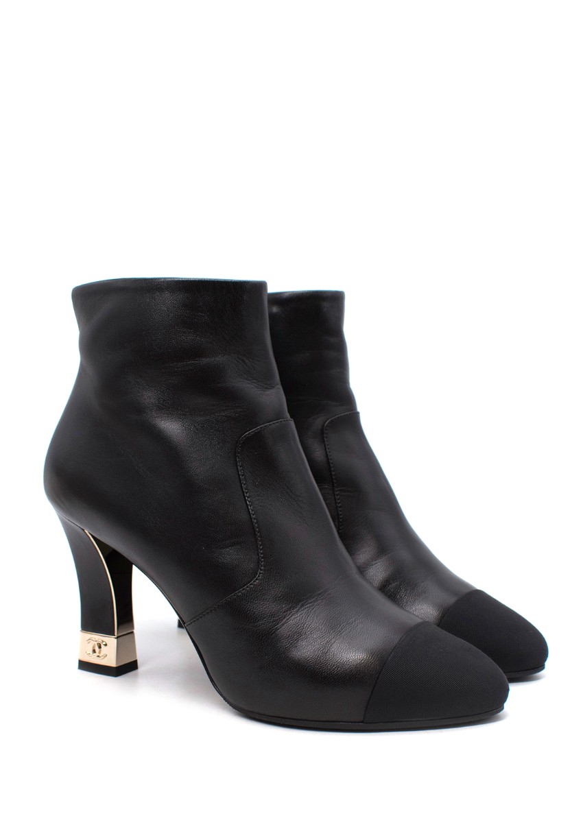 Chanel Black Leather & Grosgrain Toe Cap Heeled Booties