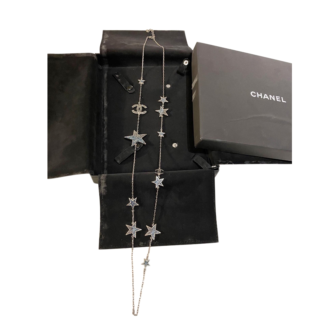 Chanel Silver-Tone Metal Diamante Stars Chain Necklace