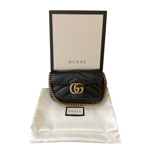 Gucci Black Leather GG Marmont Wallet on Chain