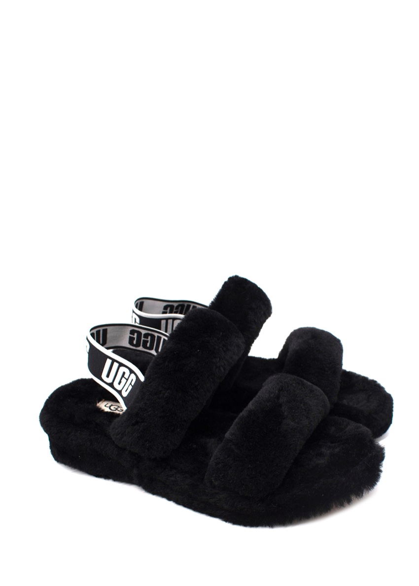 Ugg Oh Yeah Black Faux Shearling 2 Strap Slippers