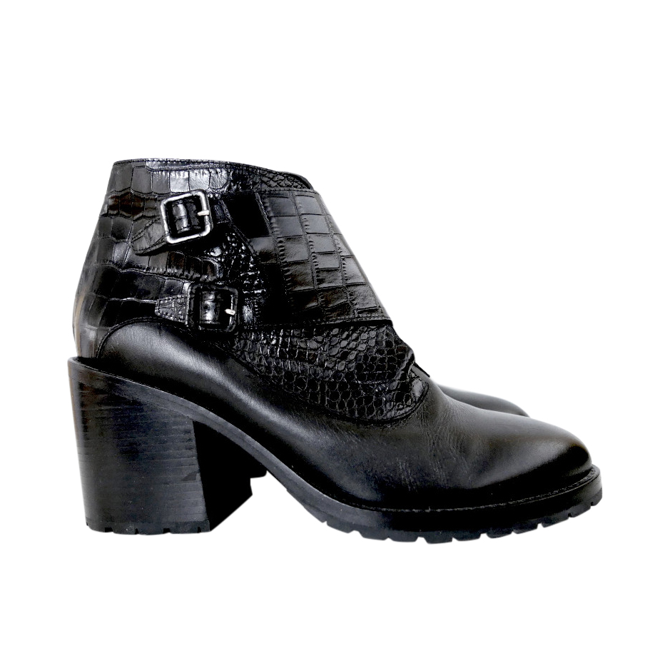 Fabrizio Viti Black Crocodile Embossed Leather Buckle Ankle Boots
