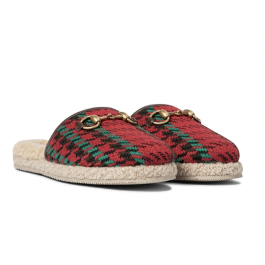Gucci Fria Shearling-lined Houndstooth Tweed Slippers