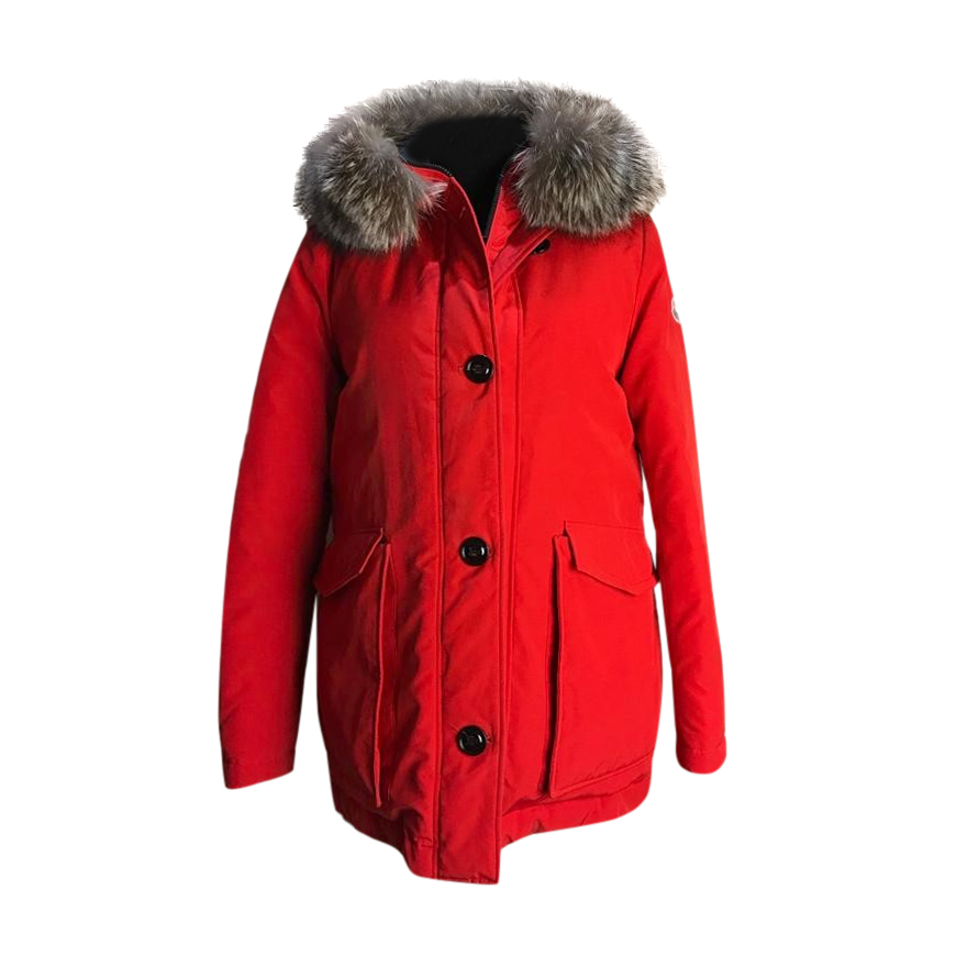 Moncler Red Down Filled Jacket with Fox Trimmed Hood