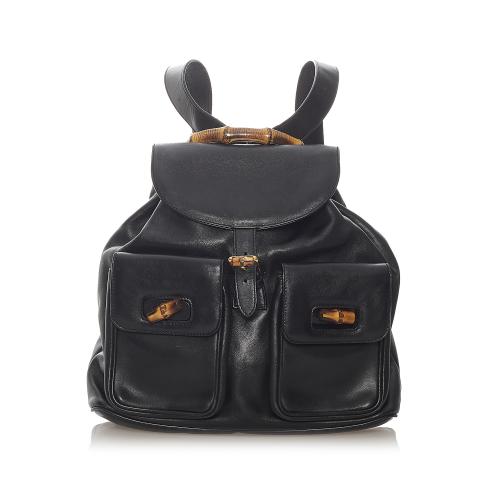 Gucci Vintage Black Leather Bamboo Drawstring Backpack