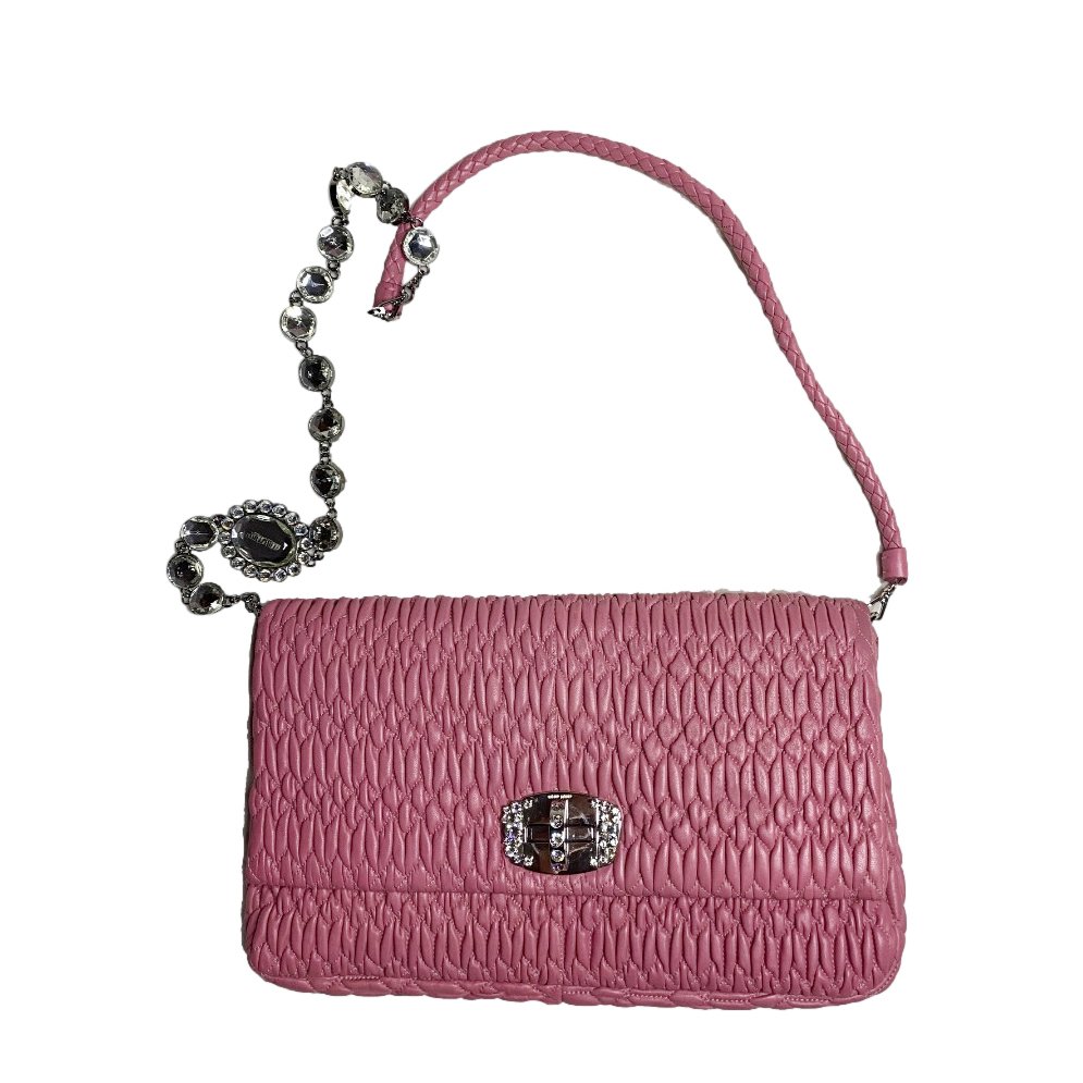 Miu Miu Pink Matelasse Nappa Leather Crystal Strap Bag