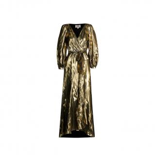 Temperley Gold Lame Wrap Front Bell Sleeve Gown