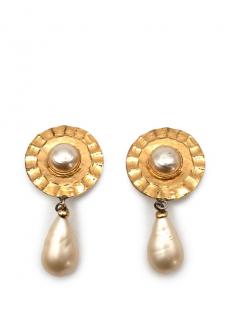 Chanel Vintage Gold-Tone Metal & Faux-Pearl Clip Drop Earrings
