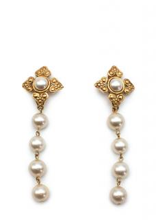 Chanel Vintage Gold-Tone Metal & Faux-Pearl Cross Drop Clip Earrings