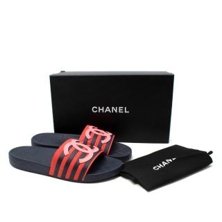 Chanel Navy & Red Striped CC Logo Rubber Sliders