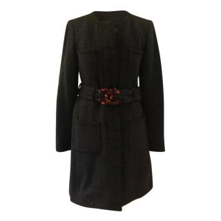 Chanel Navy & Black Houndstooth Check CC Belted Coat