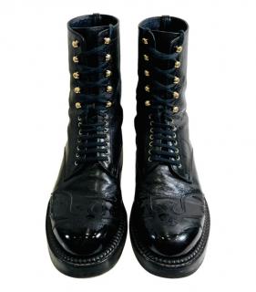 Chanel Black Leather & Patent CC Logo Biker Boots