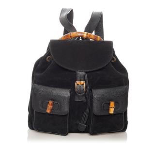 Gucci Vintage Black Suede Bamboo Handle Backpack