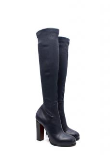 Celine Navy Blue Stretch Leather Long Block Heeled Boots