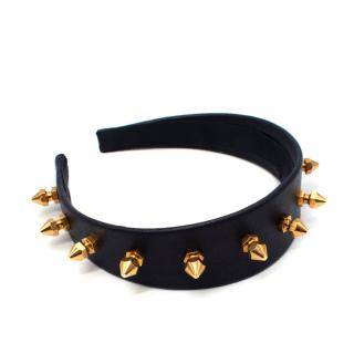 Piers Atkinson Navy Leather Gold-Tone Metal Studded Headband