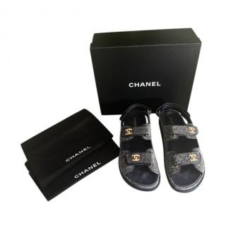 Chanel Black Quilted Denim CC Logo Velcro 2 Strap Sandals
