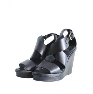 MaxMara Black Leather Crossover Wedge Sandals