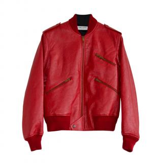 Saint Laurent red leather zip front bomber jacket 