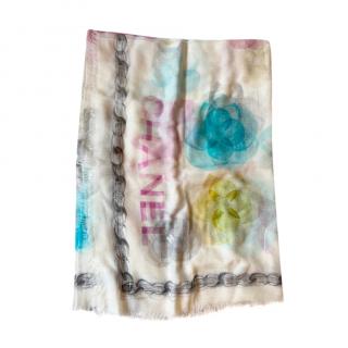 Chanel pastel print cashmere frayed edge scarf