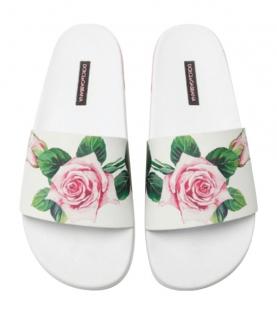 Dolce & Gabbana White Tropical Roses Print Rubber Slides