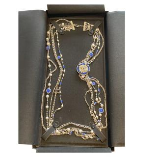 Chanel Blue & Gold Tone Faux Pearl Multi Strand Necklace
