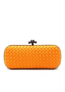 Bottega Veneta Bright Orange Satin Intrecciato Knot Clutch Bag