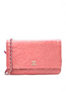 Chanel Rose Pink Patent Camellia Embossed Leather Wallet on Chain