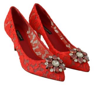 Dolce & Gabbana Red Taormina Lace Embellished Heeled Pumps