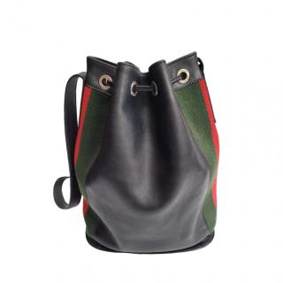 Gucci Vintage Black Leather Web Bucket Bag