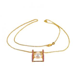 Bespoke Pearl & Pink Sapphire Yellow Gold Pendant Necklace