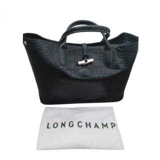 Longchamp Green Croc Embossed Roseau Tote Bag