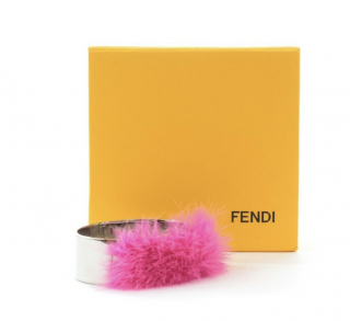 Fendi Silver Tone Pink Mink Fur Bracelet