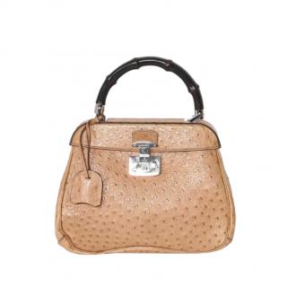 Gucci Vintage Beige Ostrich Leather Bamboo Handle Bag