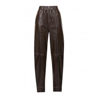 Ganni Brown Leather Topstiched Peg Trousers