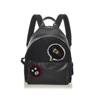 Fendi Black Leather & Shearling Patch Logo Backpack