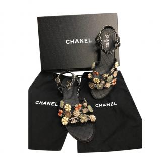 Chanel Gripoix Embellished Tweed & Leather Flat Sandals