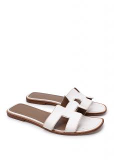Hermes Oran White Leather Flat Sandals