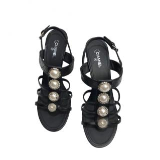 Chanel Black Leather & Faux-Pearl Slingback Heeled Sandals