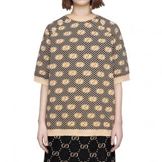 Gucci Metallic Black & Gold Intarsia GG Knitted T-Shirt
