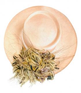 Philip Treacy Pink Raffia Wide Brim Hat with Feather Details