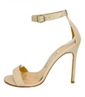 Manolo Blahnik Nude-Beige Patent Leather Strappy Heeled Sandals