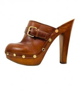 Louis Vuitton Aged Brown Leather Heeled Backless Clogs